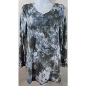 Cupio Blue Gray Tie Dye Velour V Neck Top Small Lightweight Soft Long Sleeves
